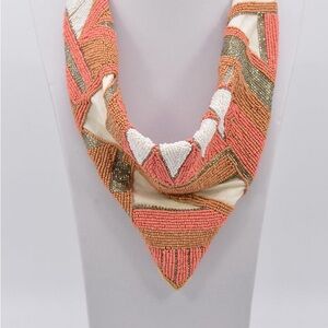 Elegant Beaded Scarf Necklace - Coral, White, Orange, Gold